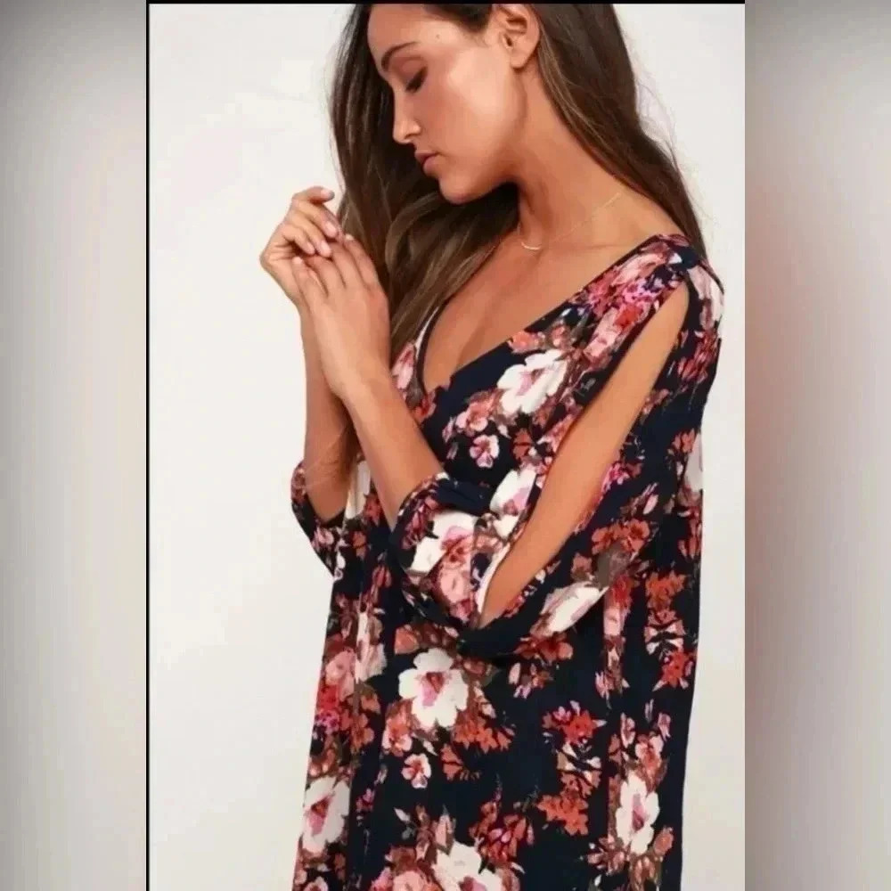 Lulus Shifting Dears Navy Blue Floral Print Split Sleeves Dress Size medium - Picture 3 of 13